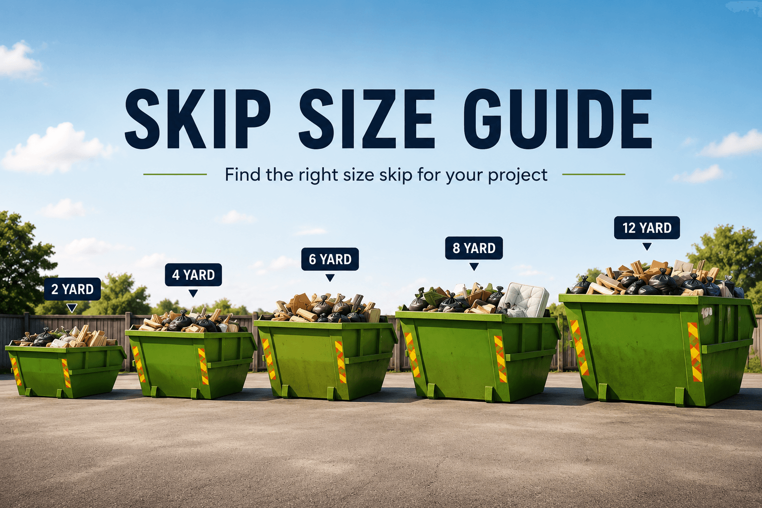 Comparison image showing 2 yard, 4 yard, 6 yard, 8 yard and 12 yard skips side by side.