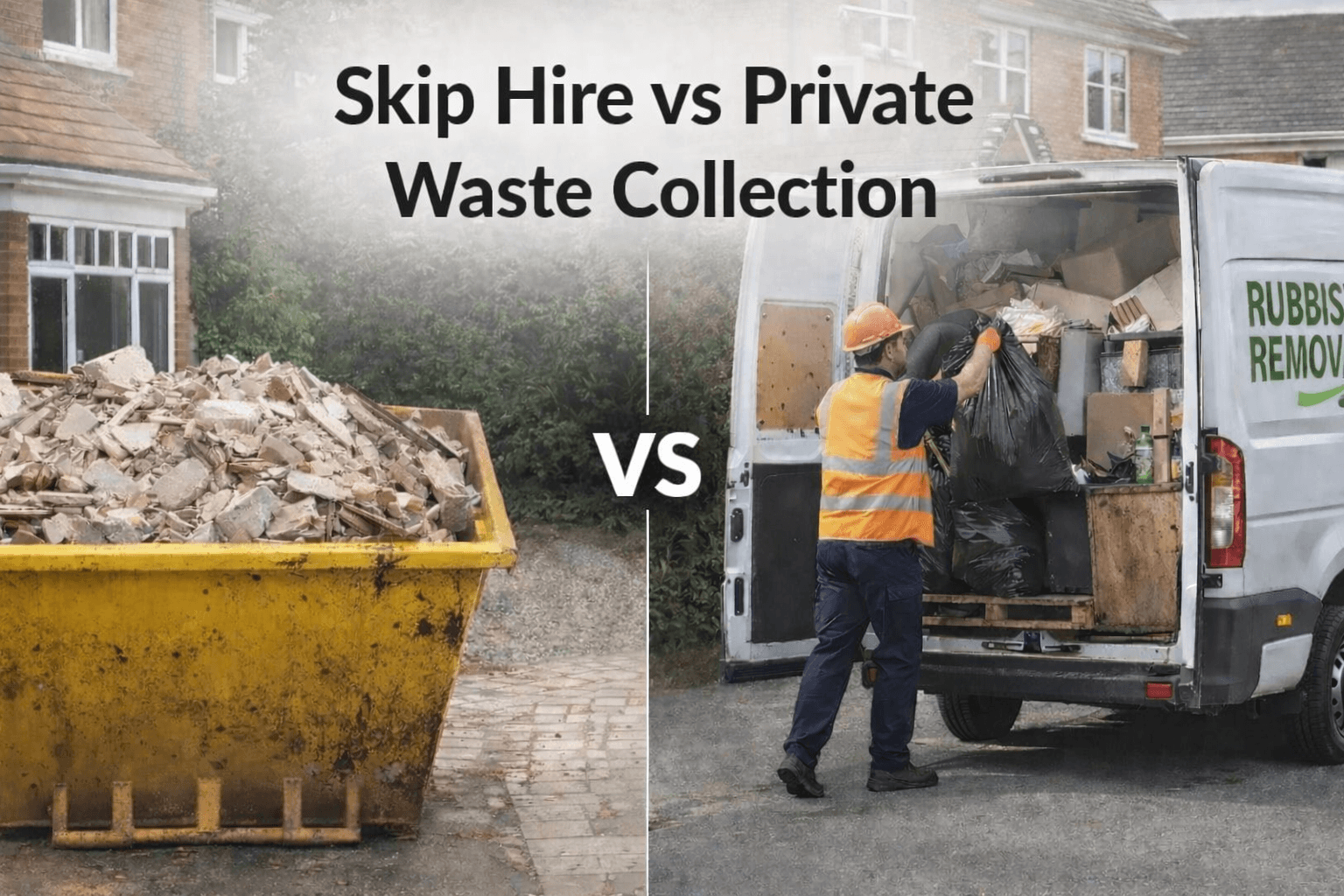 Skip hire vs private waste collection comparison showing a skip full of rubble and a rubbish removal van loading household waste