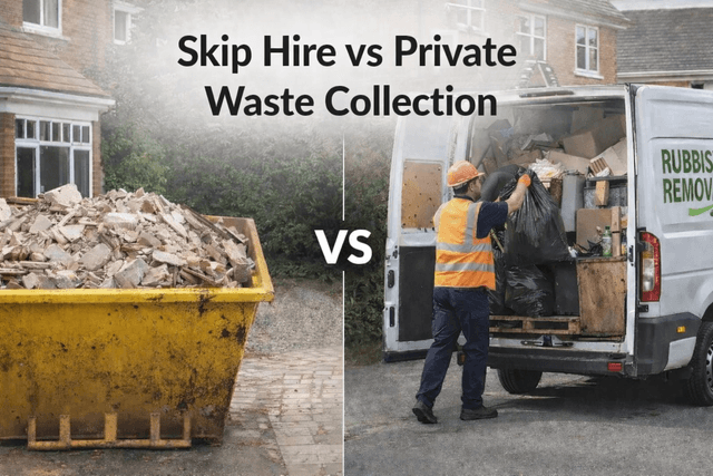 Skip hire vs private waste collection comparison showing a skip full of rubble and a rubbish removal van loading household waste