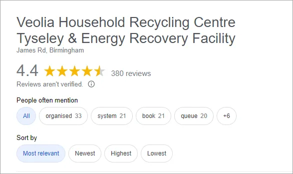 tyesley recycling centre review summary for Google